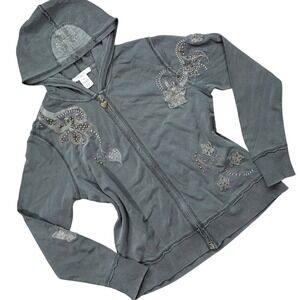 Y2K Studded Womens Grey Embroidered Studded Zip Up Hoodie Y2K Boho Jacket XL